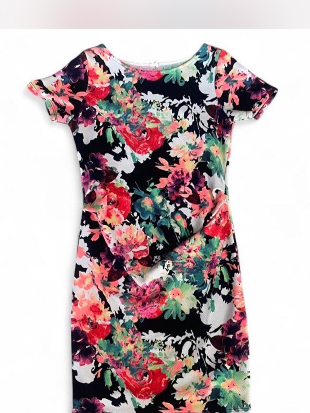 Pinkblush Black Floral Stretch Knit Dress with Pink & Green Accents